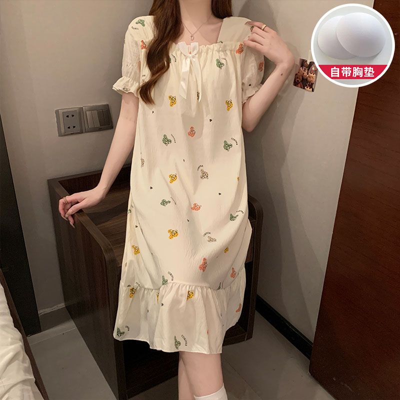 Summer cloud cotton with chest pad one-shoulder short-sleeved nightgown ladies princess style home clothes