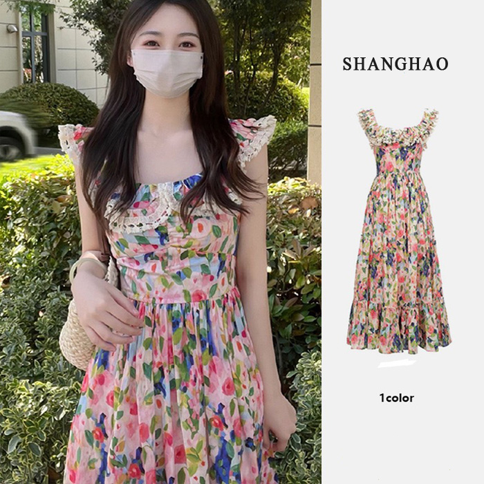 First love dress summer French gentle printed oil painting sleeveless suspender long skirt high-quality seaside vacation long skirt