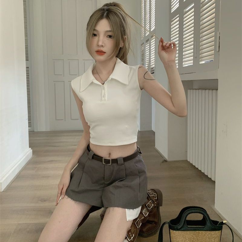 Women's summer hot girl's navel-exposed slim short slim top retro design polo collar button sleeveless T-shirt