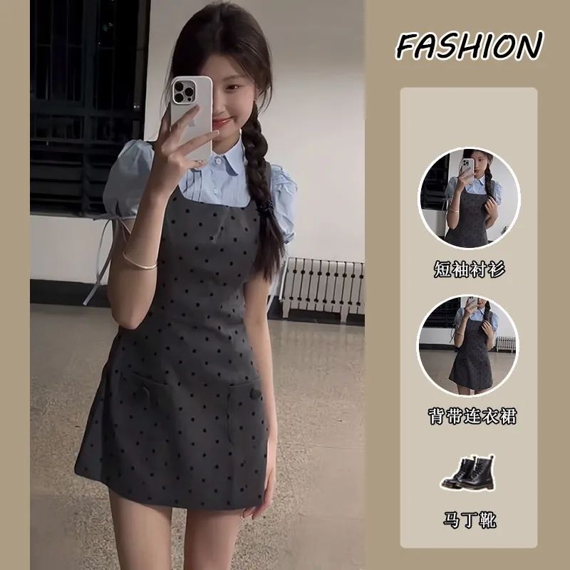 Cross-border 2025 summer age-reducing short-sleeved fake two-piece waist-hugging polka dot college-style hot girl dress