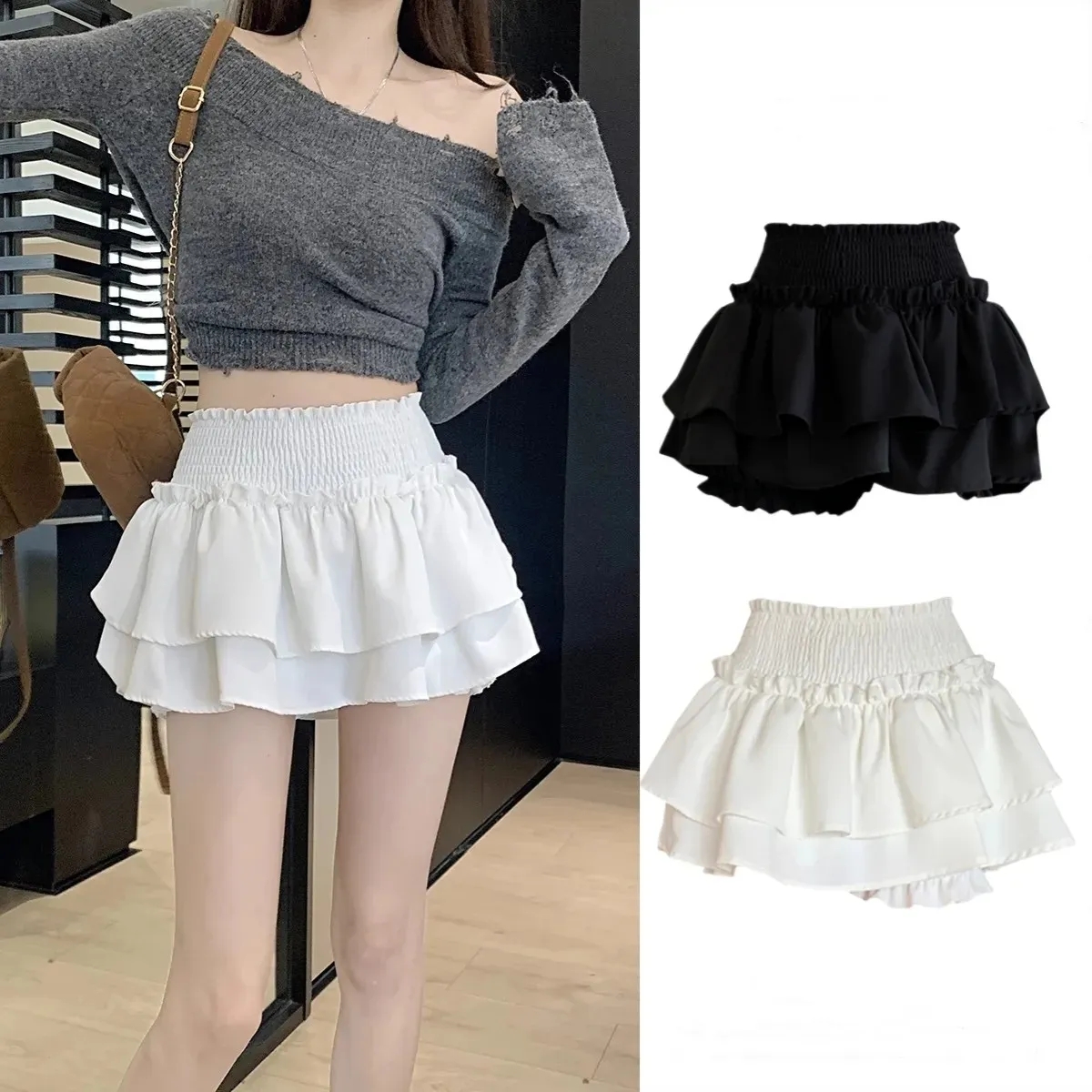 Sweet and spicy ballet style white cake skirt for women in women's summer 2025 new style slim high waist ruffle fleece short skirt pants
