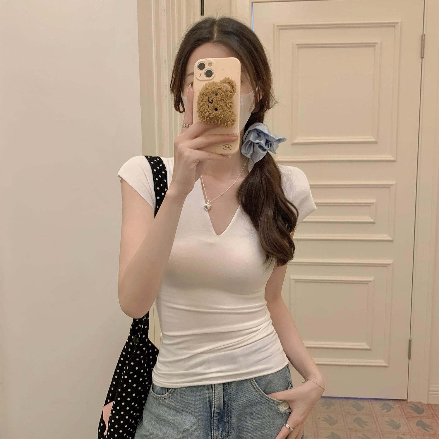 Real shot 1*1 thread 210g short-sleeved T-shirt 2025 women's summer Korean style slim short solid color front shoulder V-neck top