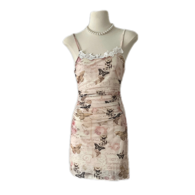 Hot girl butterfly printed lace flower suspender long skirt for women summer French tea break dress pleated waist packing long skirt