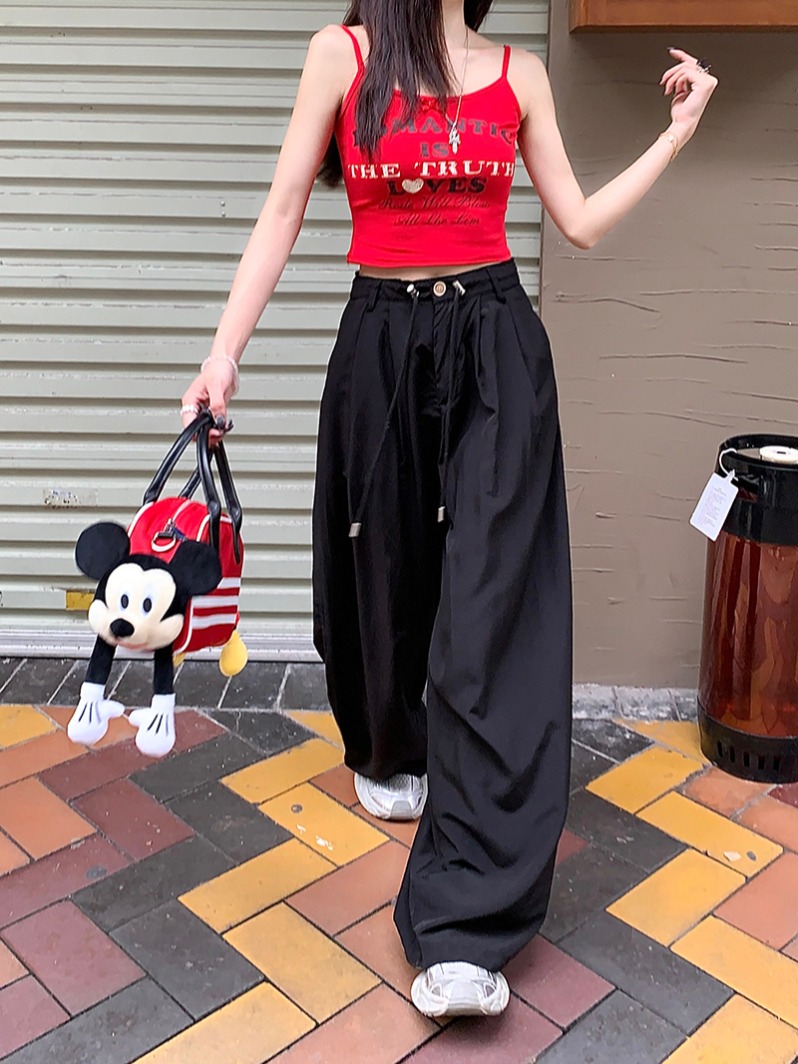 Real-life design-sensing drawstring casual pants for women's solid color ice silk pants slimming wide-leg pants loose draped floor pants