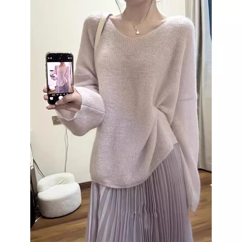Super soft and glutinous!  Purple mohair V-neck sweater for women 2025 spring new Korean loose knitted lazy top