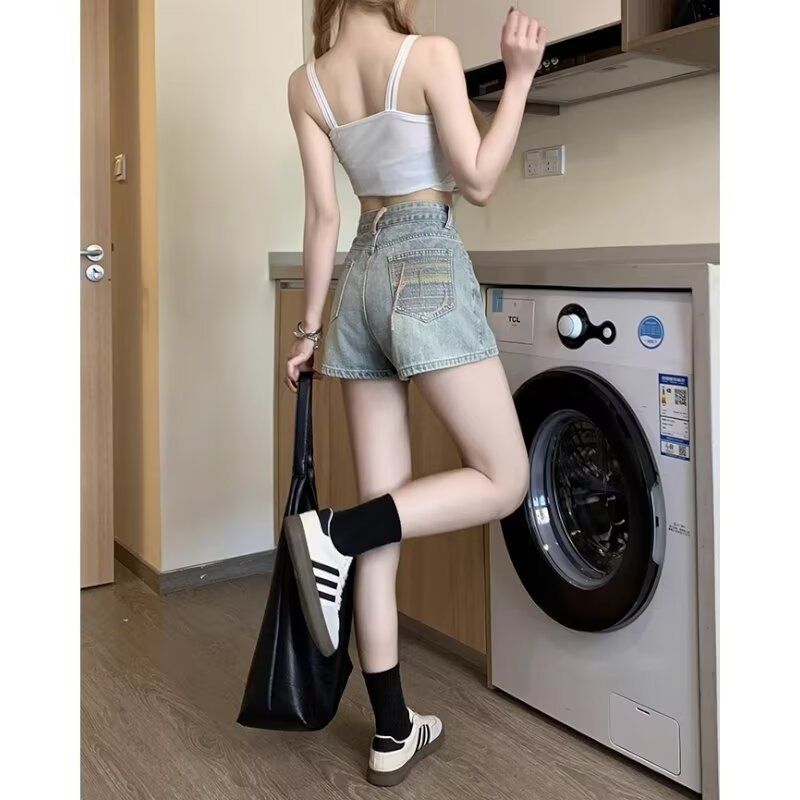 復古辣妹高腰牛仔短褲女夏季新款刺繡設計寬鬆顯瘦闊腿a字熱褲子