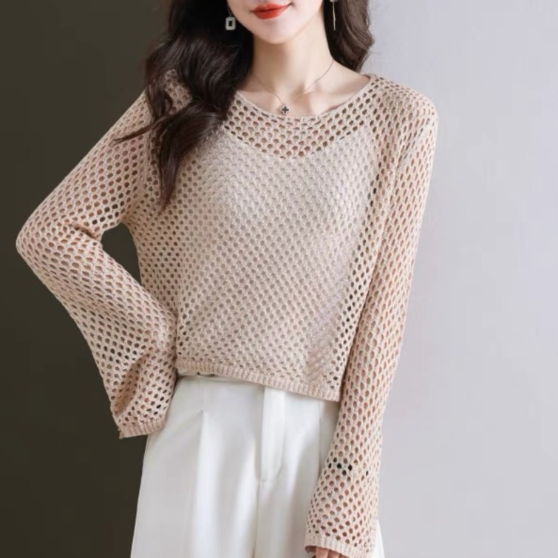 2025 new summer thin ice silk knitted top for women with suspenders loose casual hollow shirt