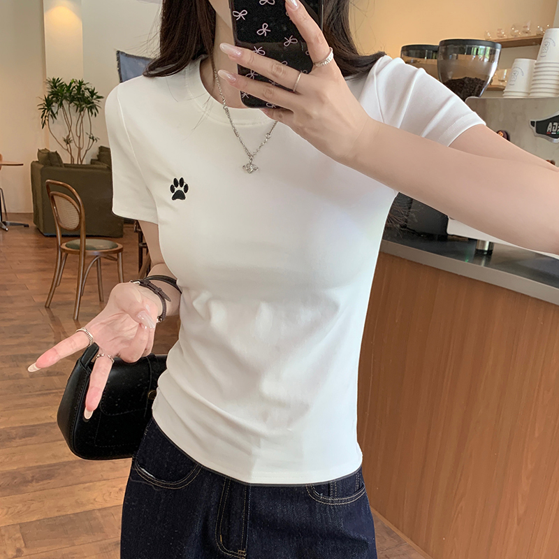 Real shot 1*1 thread 210g short-sleeved T-shirt summer 2025 trendy embroidered slim short round neck top Korean women's clothing