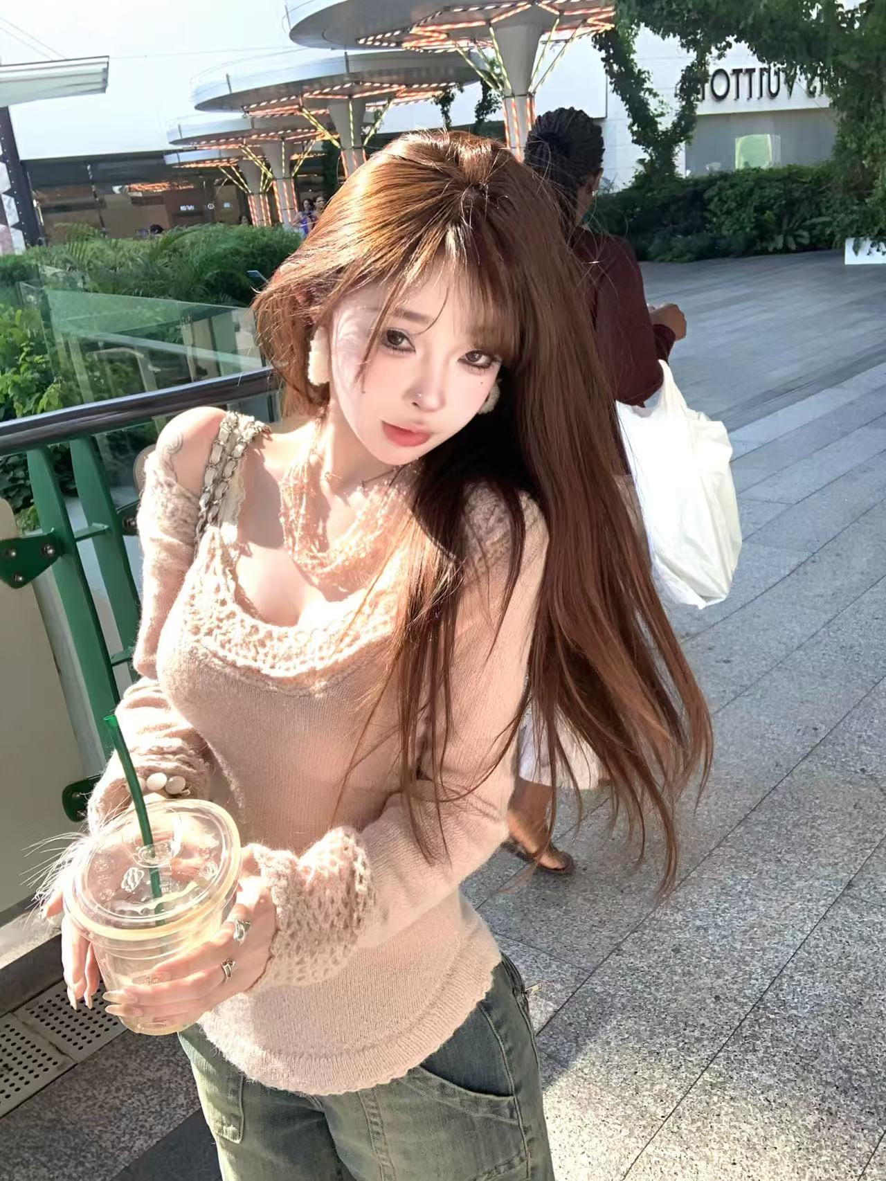 Suuuuicee Spring Slim Long Sleeve Top Handmade Cropped Cropped Design Sense of Pure Enjoy Large Neck Sweater Slim Long Sleeve Top