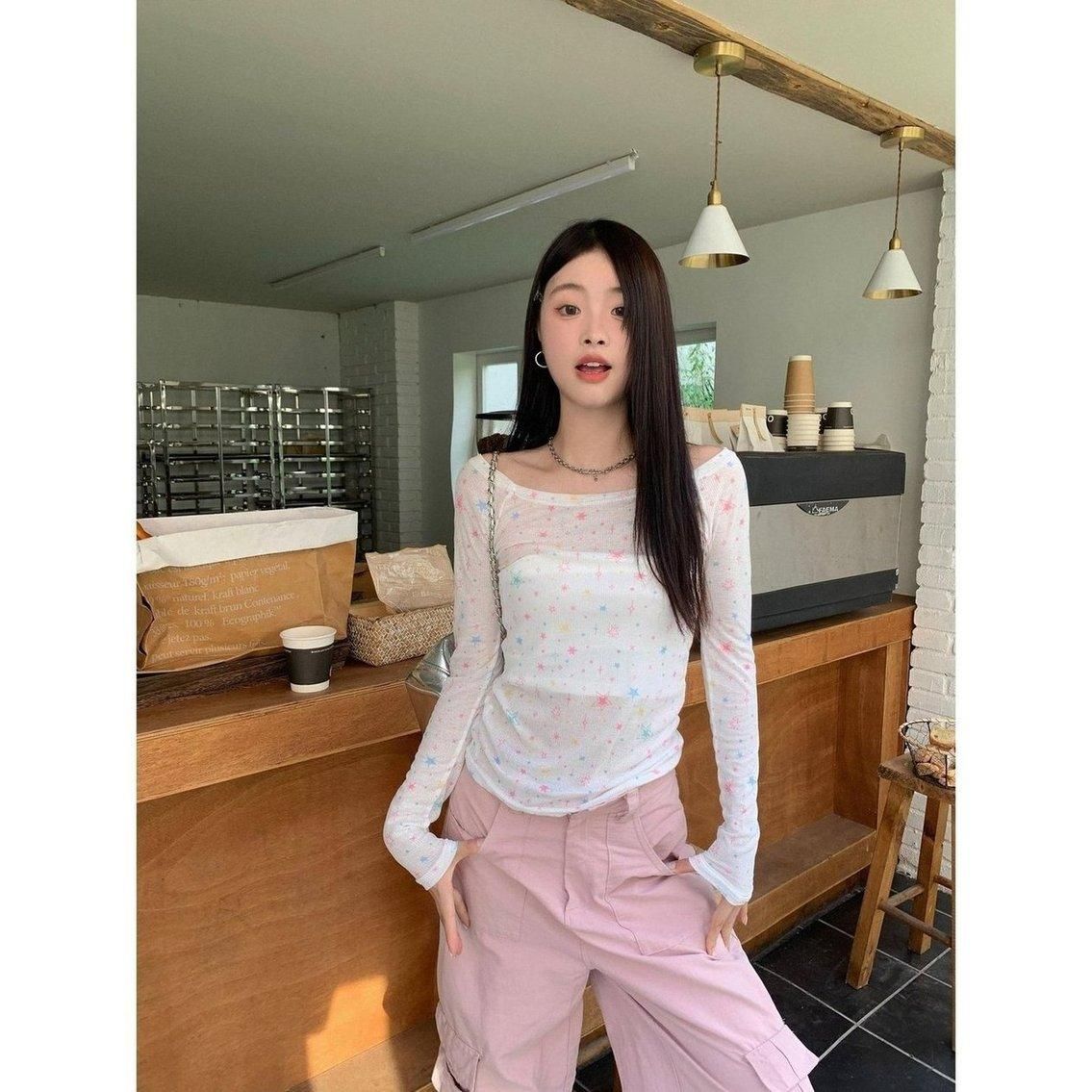 Bamboo thread American hot girl one-shoulder long-sleeved blouse sunscreen T-shirt women's spring and summer niche slim fit and slim