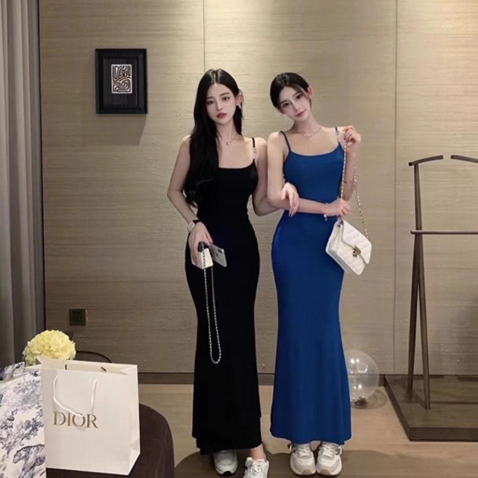 2025 new high-end sling slim fish tail slim high waist sexy pure style design backless slim dress