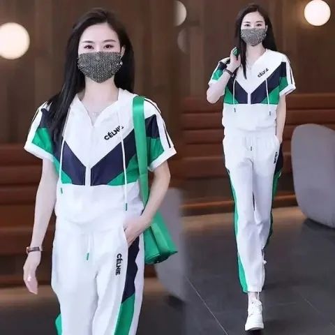 2025 summer new casual sports fashion trendy loose color block slim trousers suit sports and casual suit