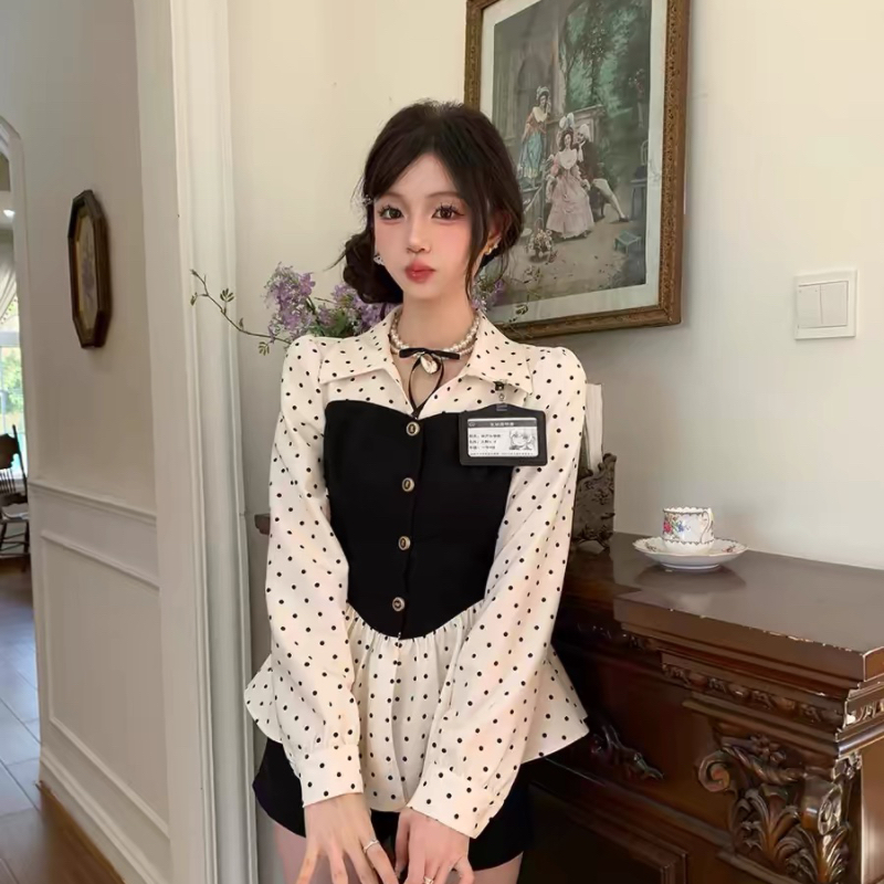 Fabric pig miu series of golden golden dot shirt for women, sweet waist-hugging and slimming contrasting color design fake two-piece top