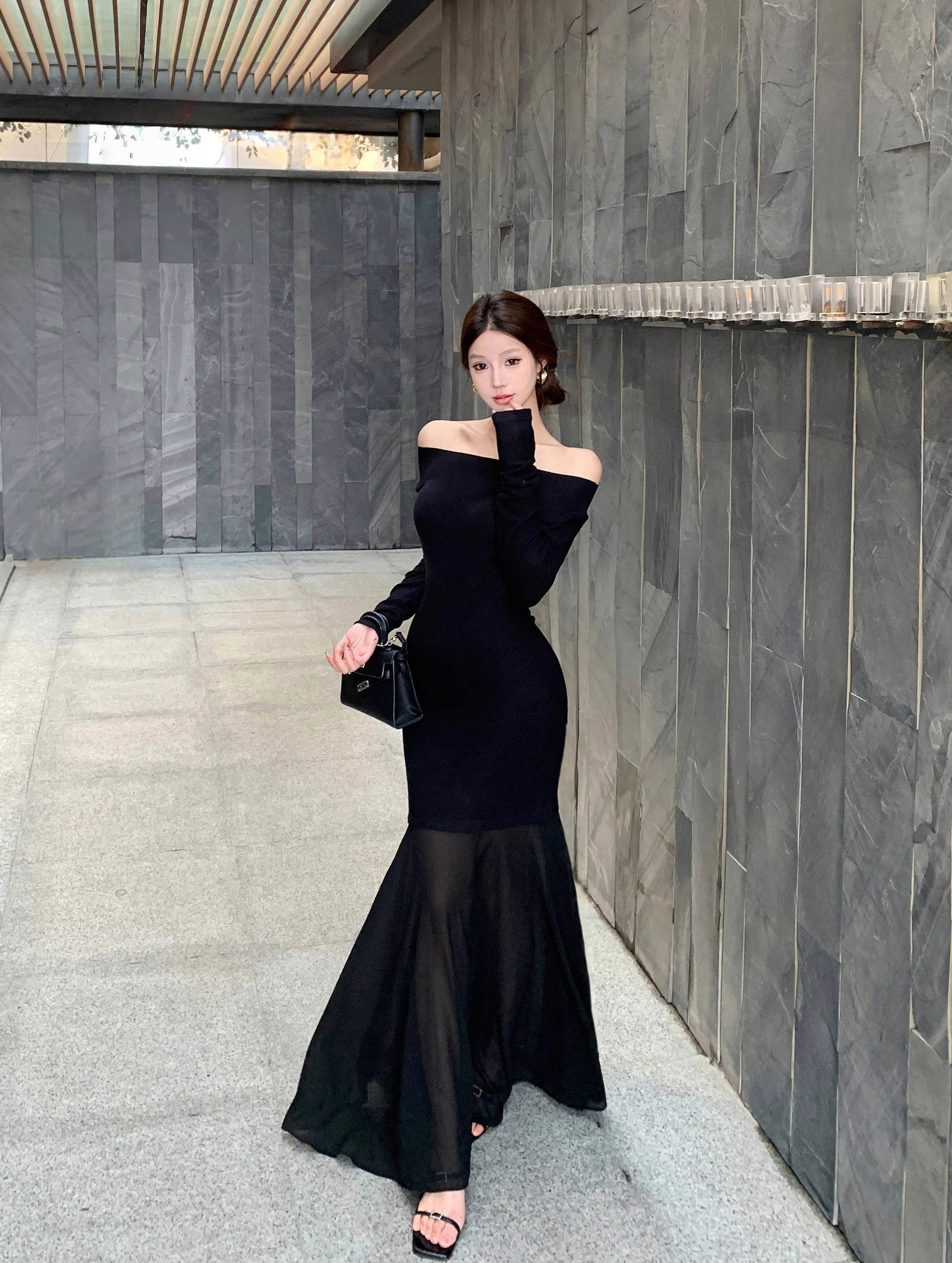 One-shoulder black long-sleeved dress for women in spring mesh spliced ​​fishtail long skirt pure slim hip-wrapped skirt