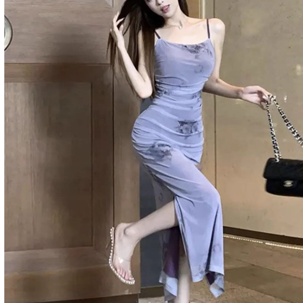 2025 new spring and summer retro pure rose suspender slit hip skirt tied with dye Korean style fashion female sensation