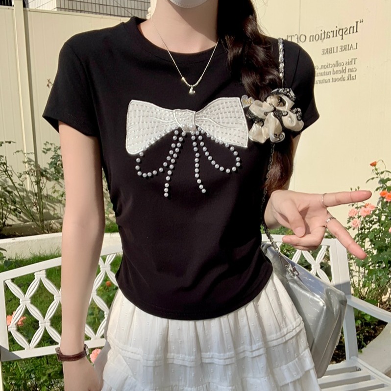 Real shot 1*1 thread 210g short-sleeved T-shirt summer 2025 trendy embroidered front shoulder slim short round neck top for women