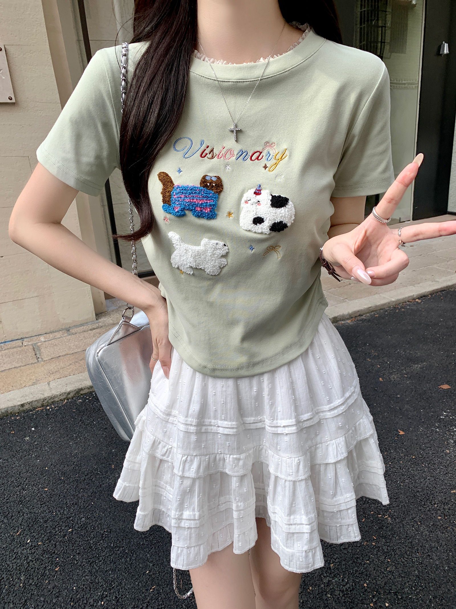 Real shot 1*1 thread 210g short-sleeved T-shirt summer 2025 trendy embroidered slim short round neck top Korean women's clothing