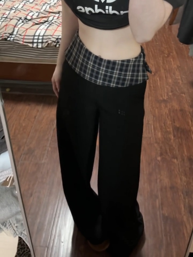, three-dimensional waist #black checked splicing 2025 early spring new suit pants for women straight-leg casual pants