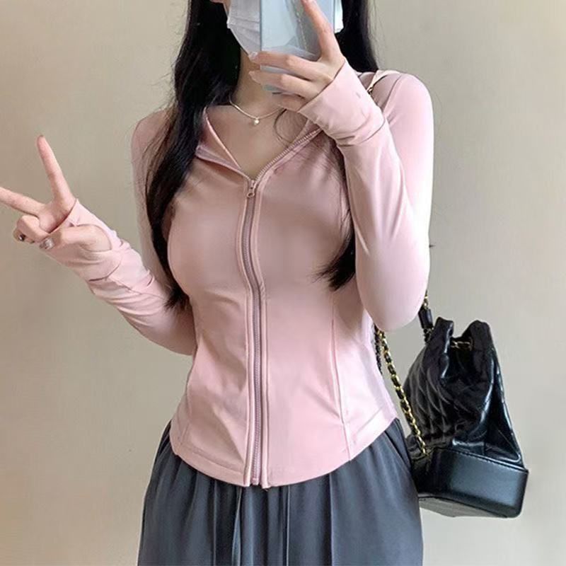 Finger buckle and pocket Ice silk sunscreen slim hooded jacket zipper sports cardigan