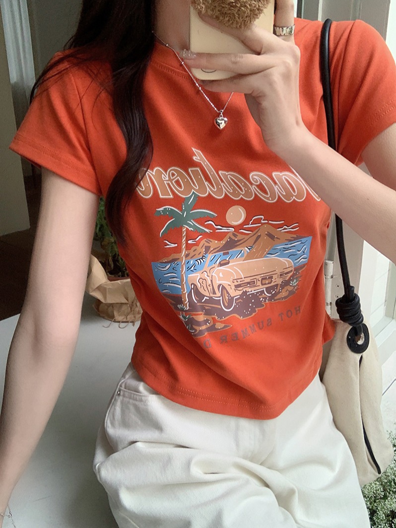 Real shot 1 to 1 pure cotton thread 210g short-sleeved T-shirt for women's summer 2025 short slim round neck top Korean women's clothing