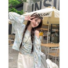 Bamboo thread bow printed long-sleeved sunscreen T-shirt spring blue off-shoulder thin design niche top