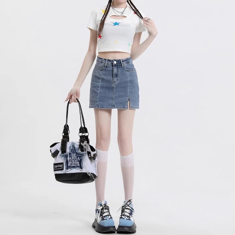 美式復古辣妹高腰牛仔半身裙女夏季新款開叉設計彈力修身包臀短裙