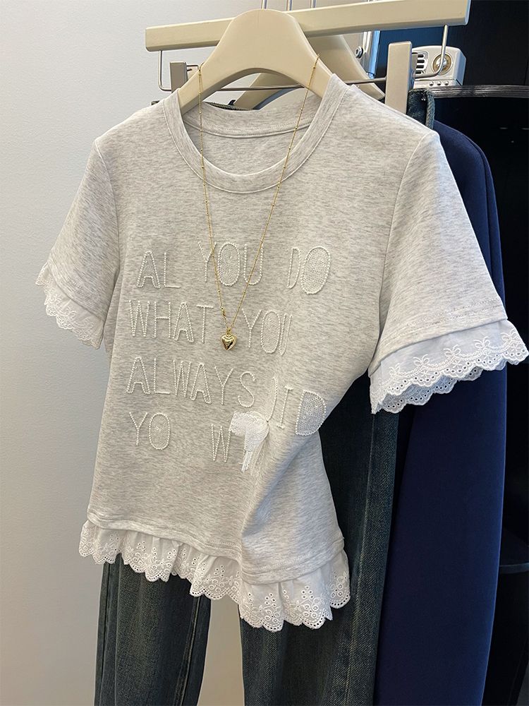 Gray lace splicing fake two-piece short-sleeved T-shirt for women 2025 spring short slim fit slim small top ins