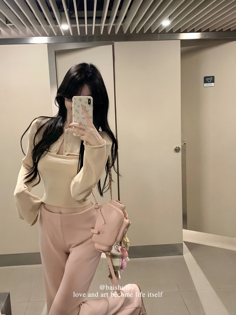 White Water Women's Oni~Landom Set Short Wool Jacket Women's Early Spring Korean Sling Cardigan Two-piece Set