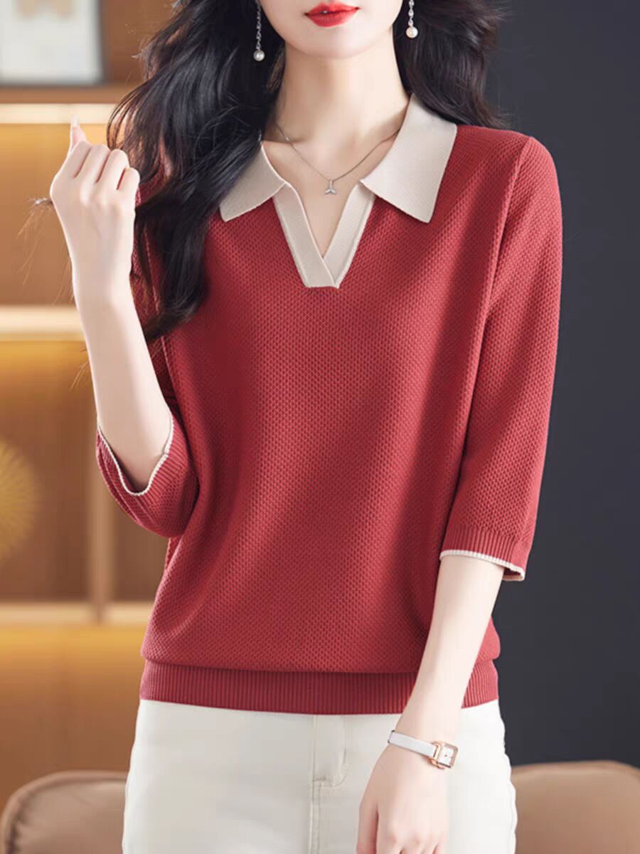 Lapel middle sleeve top for women's spring and autumn polo sweater loose 7-quarter sleeve wool base shirt thin