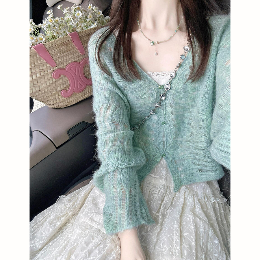 Gentle style green knitted cardigan for women in spring and autumn style sexy hot girl hollow sunscreen top lazy versatile sweater