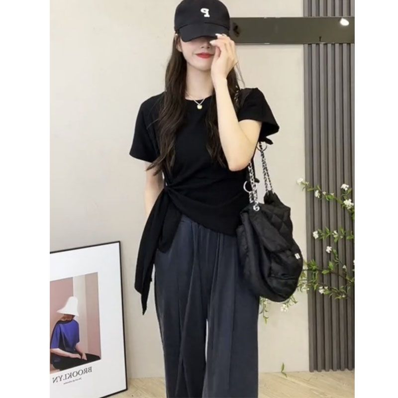 Spring and summer national trend American irregular short-sleeved American high-end T-shirt women's design casual versatile top