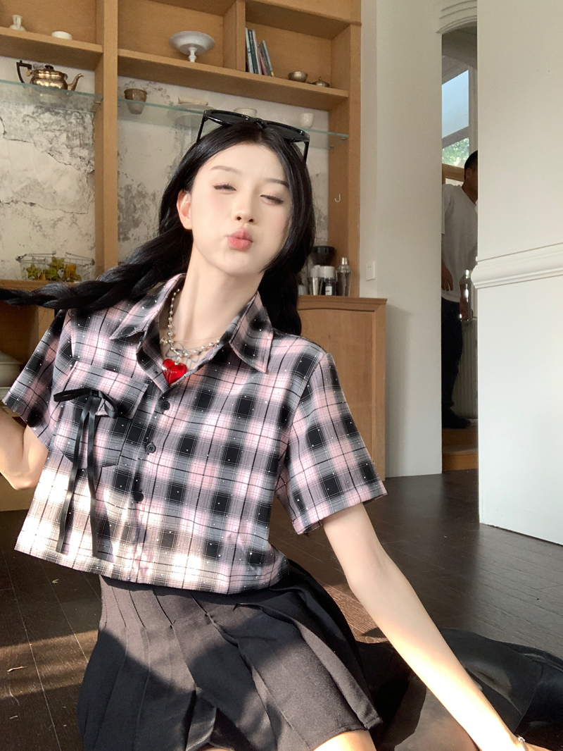 Real shot of Korean hot girl hot diamond plaid short shirt for women 2025 spring and summer new niche unique bow short sleeves