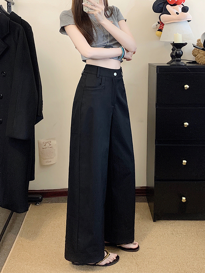 Real shot of high-end casual pants for women in spring solid color pants straight pants loose high waist slimming drooping nine-point pants
