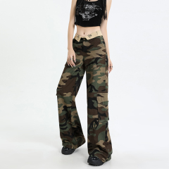 2025 spring and summer new American hot girl camouflage overalls for women's personality waist-turning embroidered loose wide-leg jeans