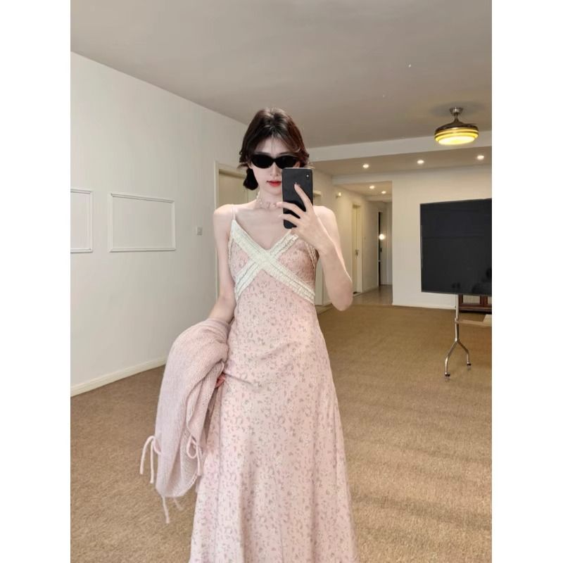 kumikumi French sweet girl style design sense floral suspender dress women's spring slim fit slim A-line skirt