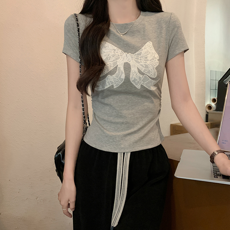 Real shot 1*1 thread 210g short-sleeved T-shirt summer 2025 trendy embroidered front shoulder slim short round neck top for women