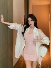 Qiu Ruyao pink temperament texture waist-pack hip slimming dress for women's spring new long-sleeved loose shirt