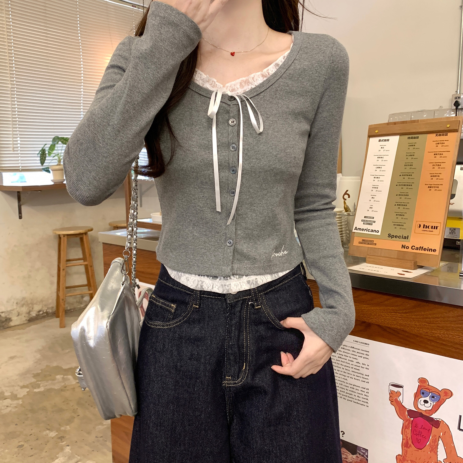 Real-life thread 260g long-sleeved T-shirt for women 2025 new trendy lace slim base shirt round neck top