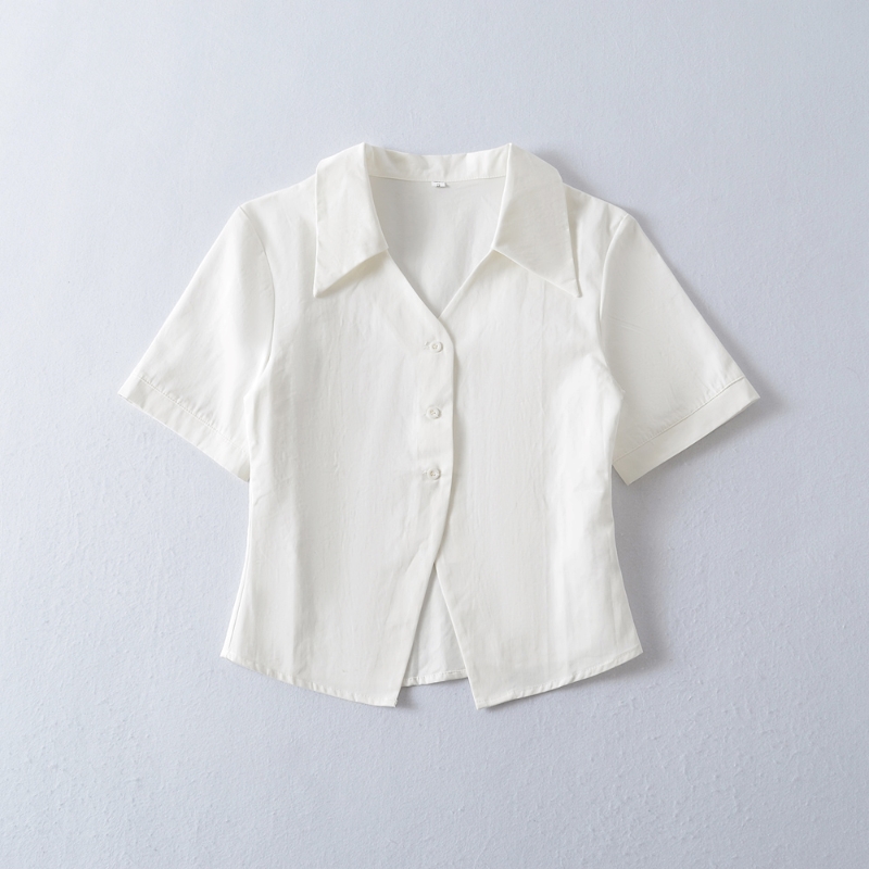 Pure style hem slit polo collar short sleeve solid color single-breasted shirt summer new style women's design shirt women