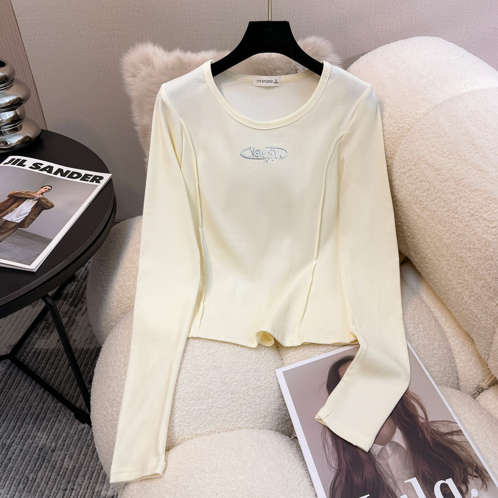 Real shot 2*2 pure cotton thread 220g long-sleeved T-shirt women's 2025 early spring new thin slim base shirt round collar