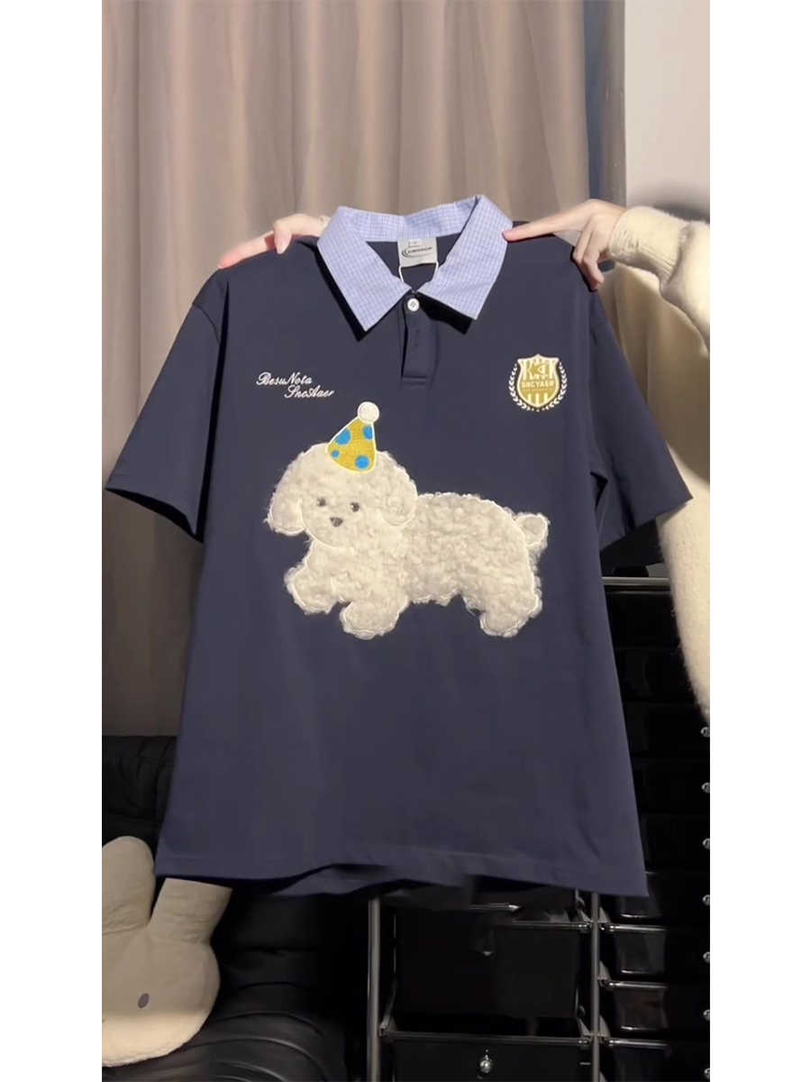 American retro college style embroidered dog short-sleeved T-shirt for women in summer loose lazy style versatile couple tops ins