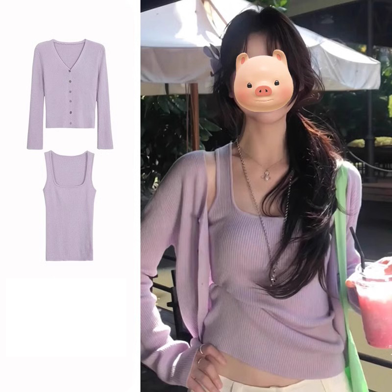Original workmanship Korean high-end outfits a complete set of spring girl's small purple cardigan vest two-piece set