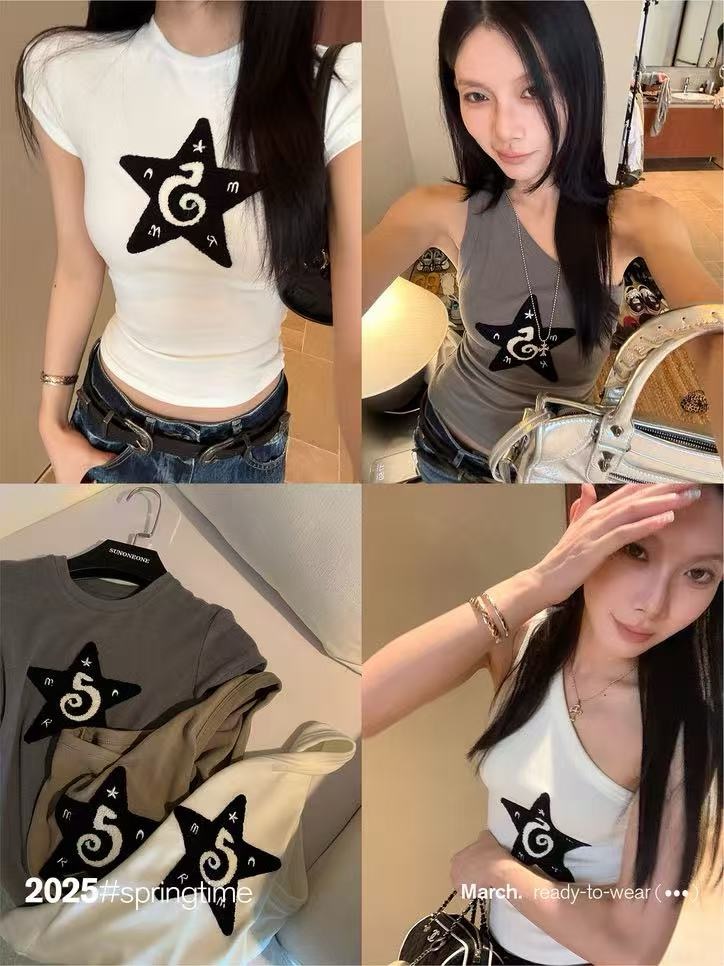 Star embroidered suspender T-shirt for women's spring and summer off-shoulder American hot girl design short-sleeved top