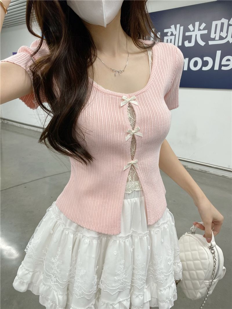 Real shot of Korean fake two-piece knitted short-sleeved T-shirt for women in summer bow lace hollow short style