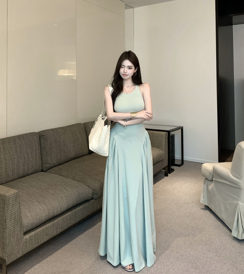 實拍 氣質修身收腰工字背心露背長款連衣裙女