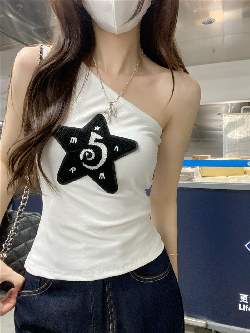 Real photos of niche hot girls off-shoulder star embroidered suspender vest women pure desire design short top