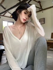 天絲超薄羅紋 薄款微透v領長袖T恤女裝寬鬆防曬罩衫氣質休閒上衣