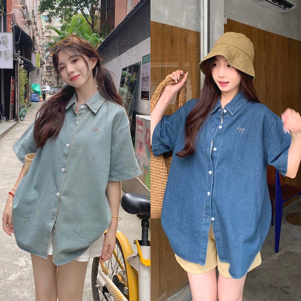 Real photo of summer casual bow embroidered shirt for women 2025 new chic niche Polo neck five-point sleeve top