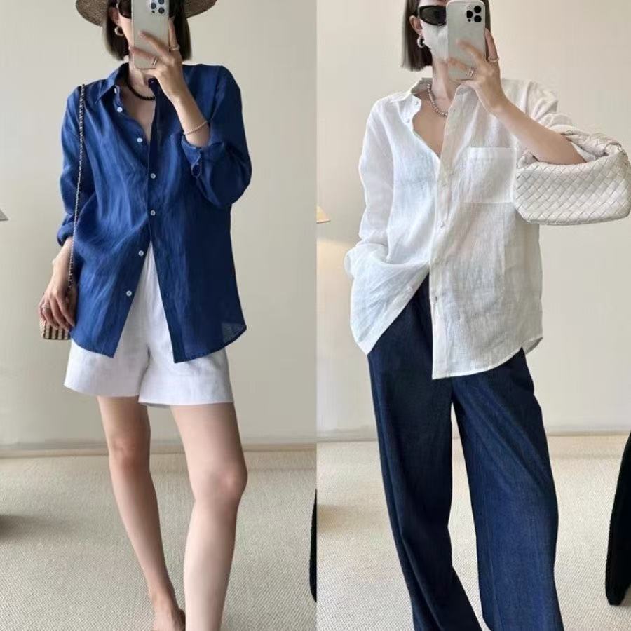 CodeNam 高級感亞麻襯衫女防曬開衫外套春夏薄款寬鬆棉麻藍色襯衣