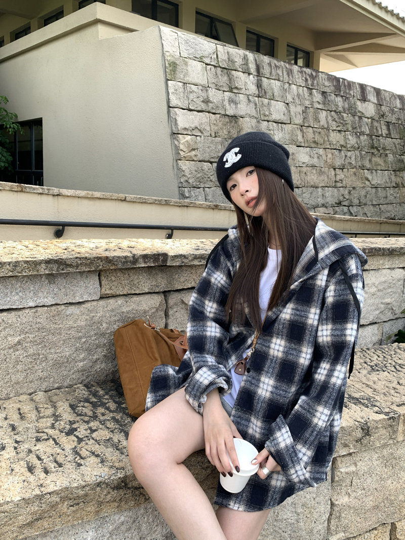 Real photo of casual hooded plaid shirt woolen jacket for women in autumn and winter lazy style loose long-sleeved shirt